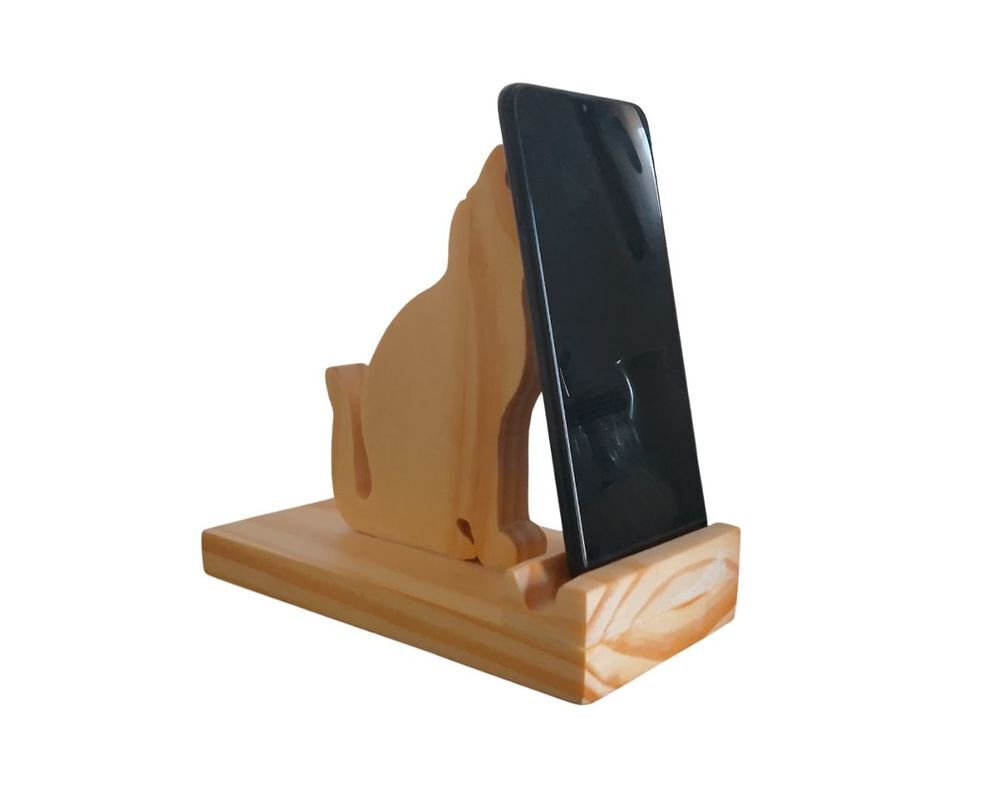 Support t&eacute;l&eacute;phone et tablette en bois avec figurine chat Décoration
