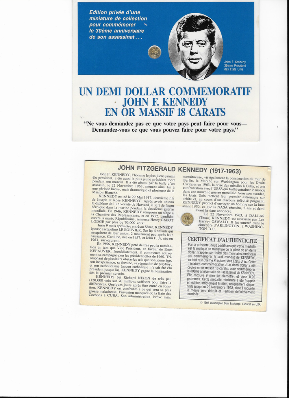 comm&eacute;mo.mort JF KENNEDY Demi-dollar or 18 carats 