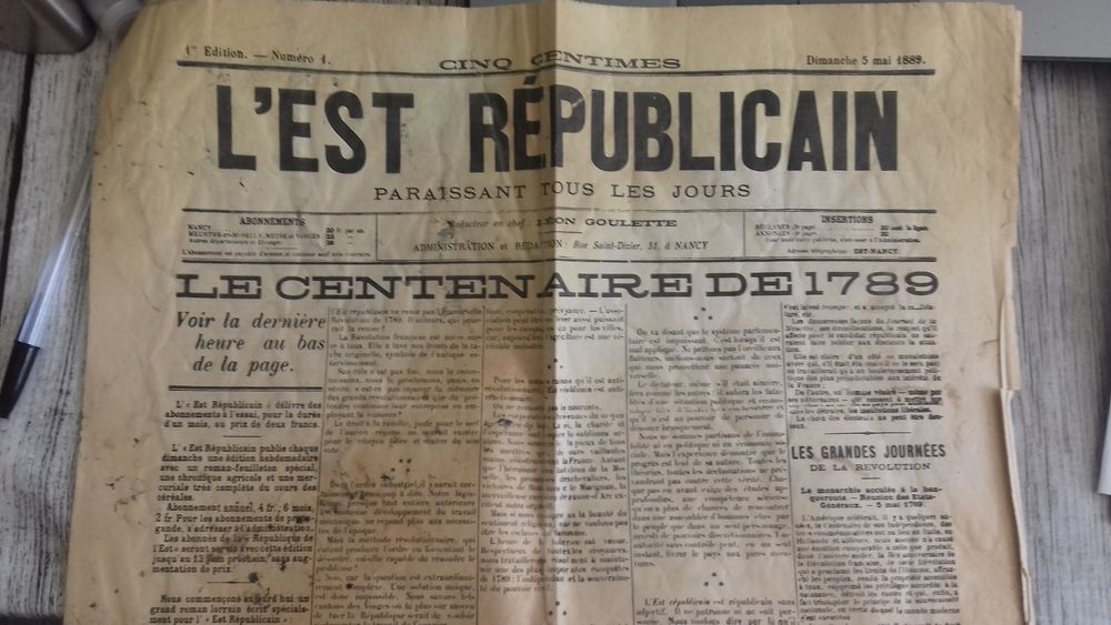 L'Est R&eacute;publicain 5 mai 1889 n&deg;1 