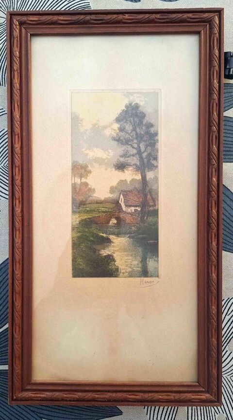 Gravure ancienne couleur - Paysage à la chaumière. 40 Gap (05)