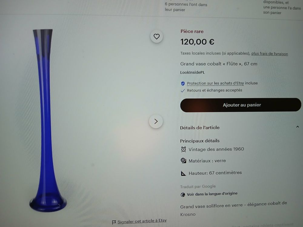 Grand vase soliflore bleu Cobalt vintage ann&eacute;es 60 N&deg;1054 Décoration