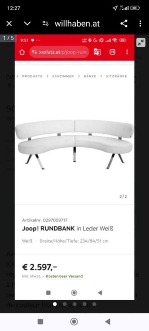 Canap� banc cuir blanc bon �tat. 450 Lyon 1 (69)