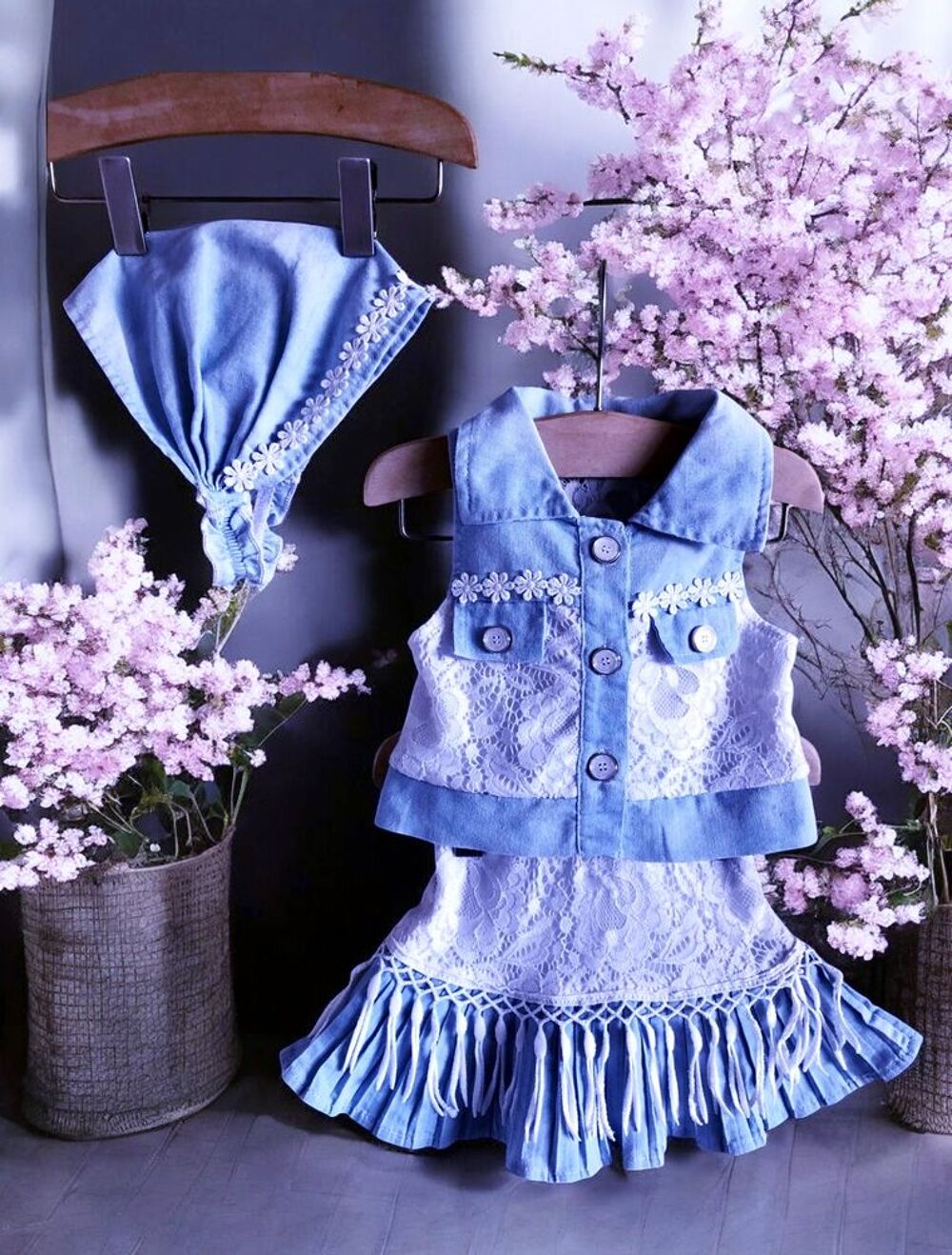CHICAPRIE - NEW - ENSEMBLE 3P B&Eacute;B&Eacute; FILLE JEANS &amp; FRANGES 6M Vtements enfants
