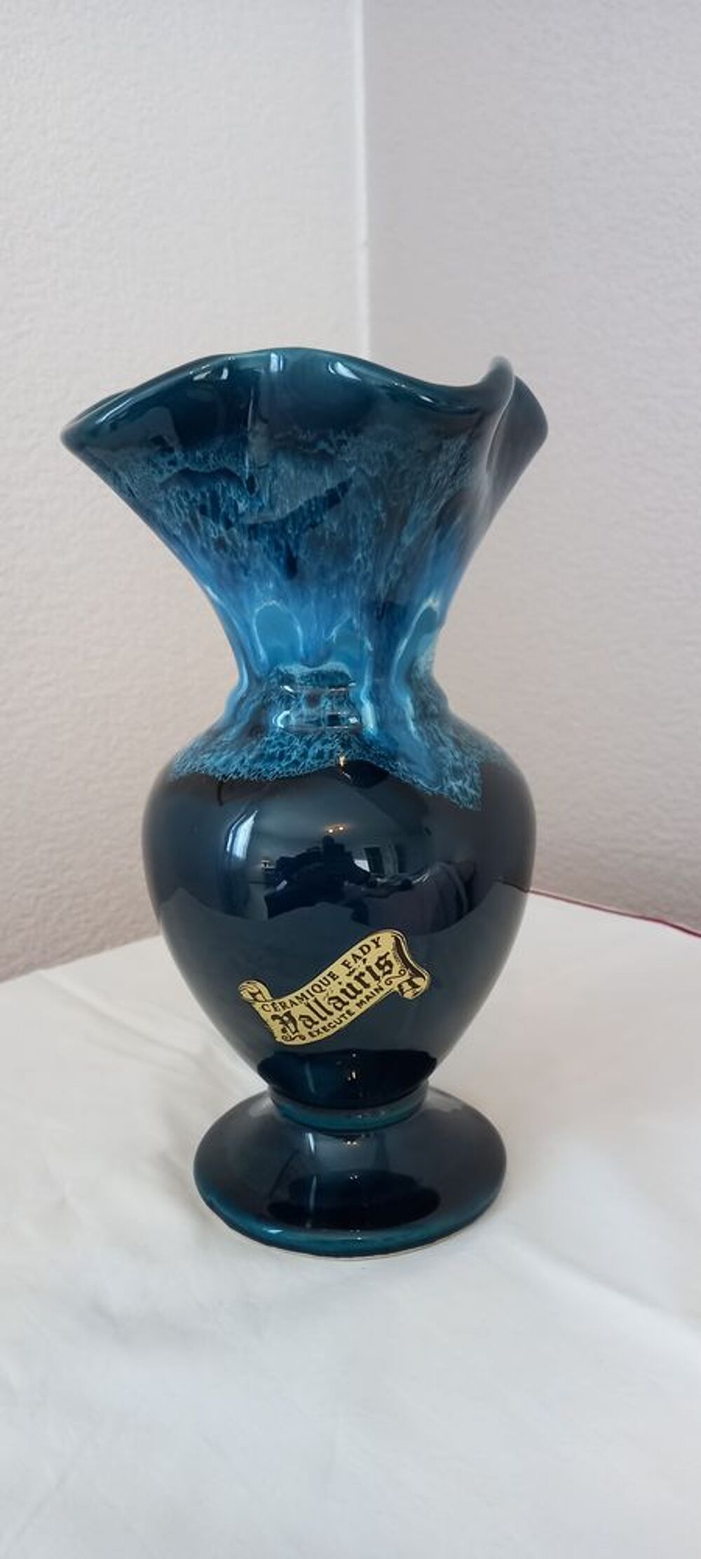 Vase c&eacute;ramique Vallauris Fady vintage &eacute;mail bleu coulant H23 Décoration