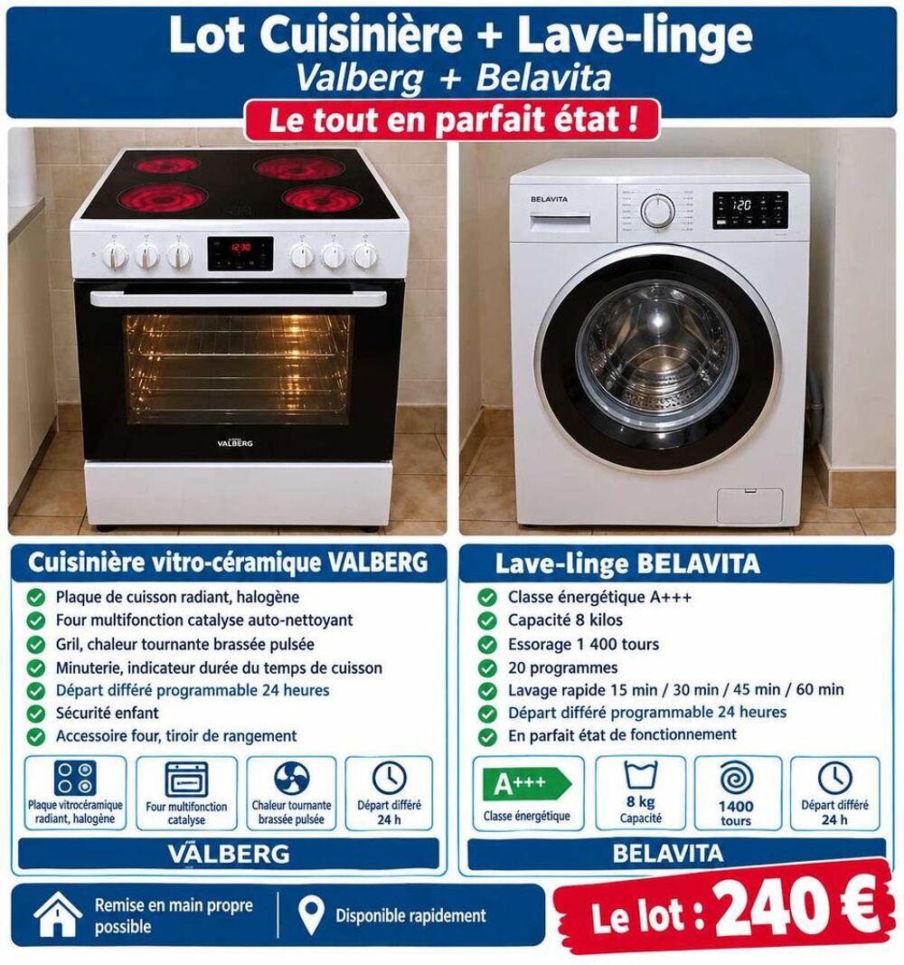 lots &eacute;lectrom&eacute;nager frigo/Congel Candy + Cuisini&egrave;re Vitroc&eacute;ramique + lave Linge Bellavita A+++ 8kg 1400Tr Diff&eacute;r&eacute; 24h Electroménager
