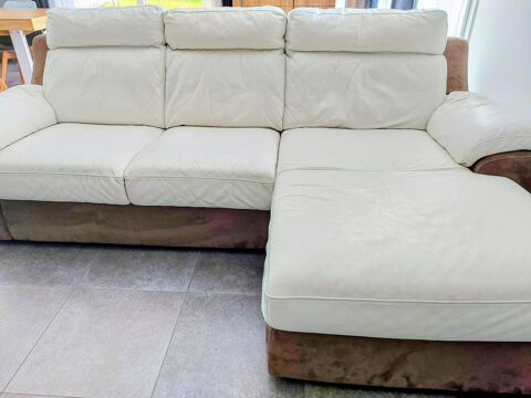 Canap d'angle bi-matire blanc crme et marron Chateauxd'Ax 900 Montgesoye (25)