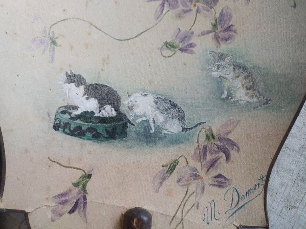Paire d'&Eacute;crans &Eacute;ventail Peint D&eacute;cor Chats Chatons ca1900 