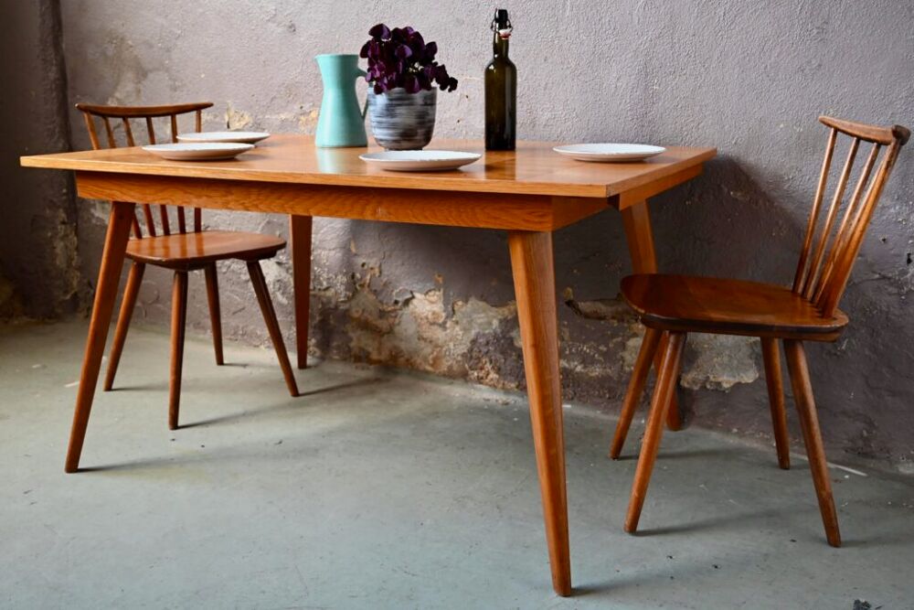 Table bistrot &agrave; rallonge vintage pieds compas ancienne bois Meubles