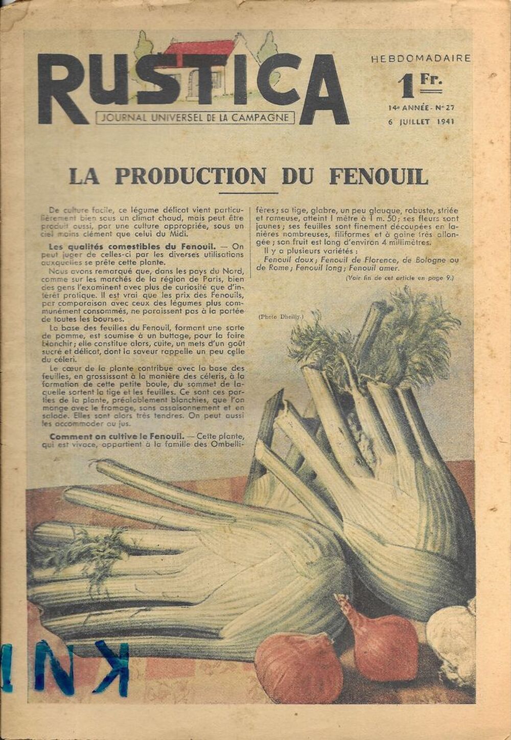 Rustica , Journal No 27 de 1941 la Production du Fenouil Livres et BD