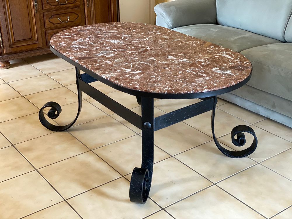 Grande table basse marbre et fer forg&eacute; Meubles