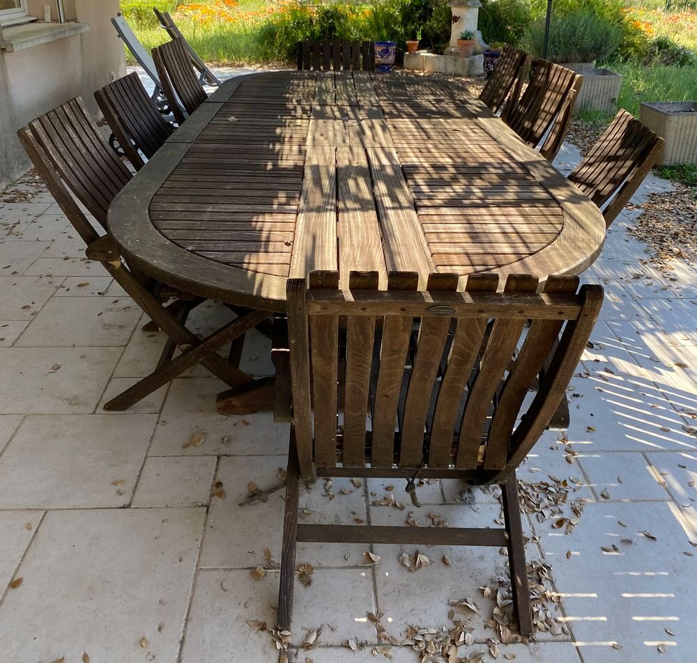 TABLE 3m et 8 FAUTEUILS pliants en TECK Jardin