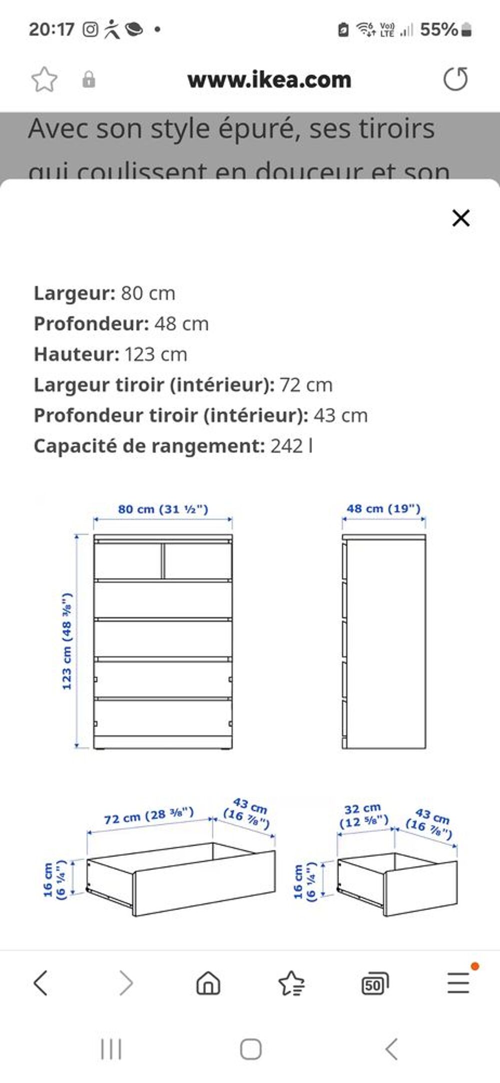 Commode 6 tiroirs, Ikeea 80x123 cm Meubles