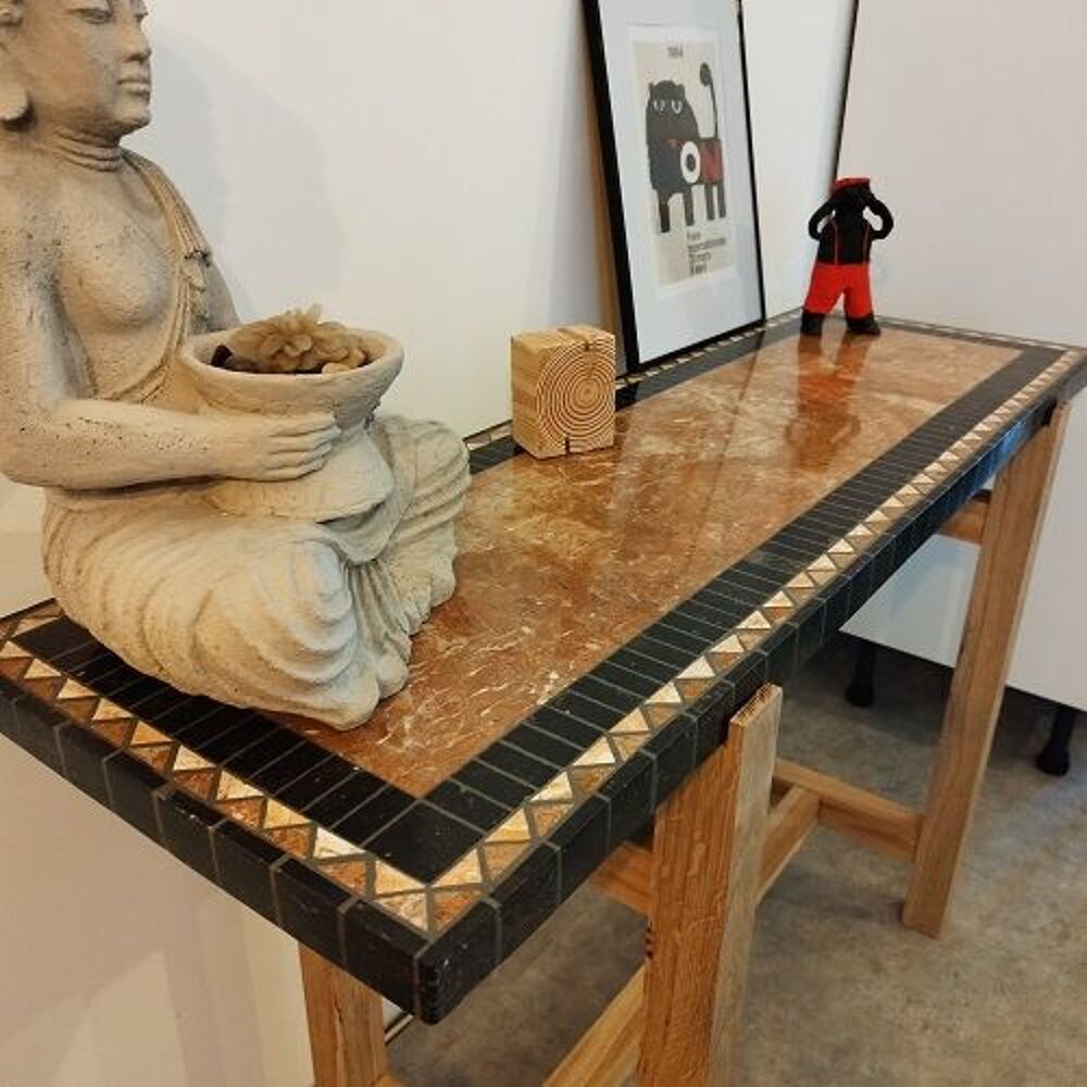 Table console, pi&egrave;tement bois, plateau marbre Meubles