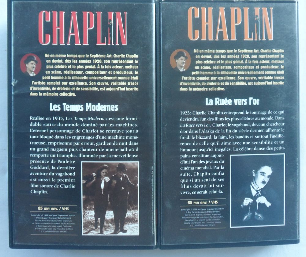 2 cassettes vid&eacute;o VHS d'occasion en bon &eacute;tat de Charlot Photos/Video/TV