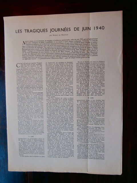 LES TRAGIQUES JOURN�ES DE JUIN 1940. ROBERT DE BEAUPLAN 8 Tours (37)