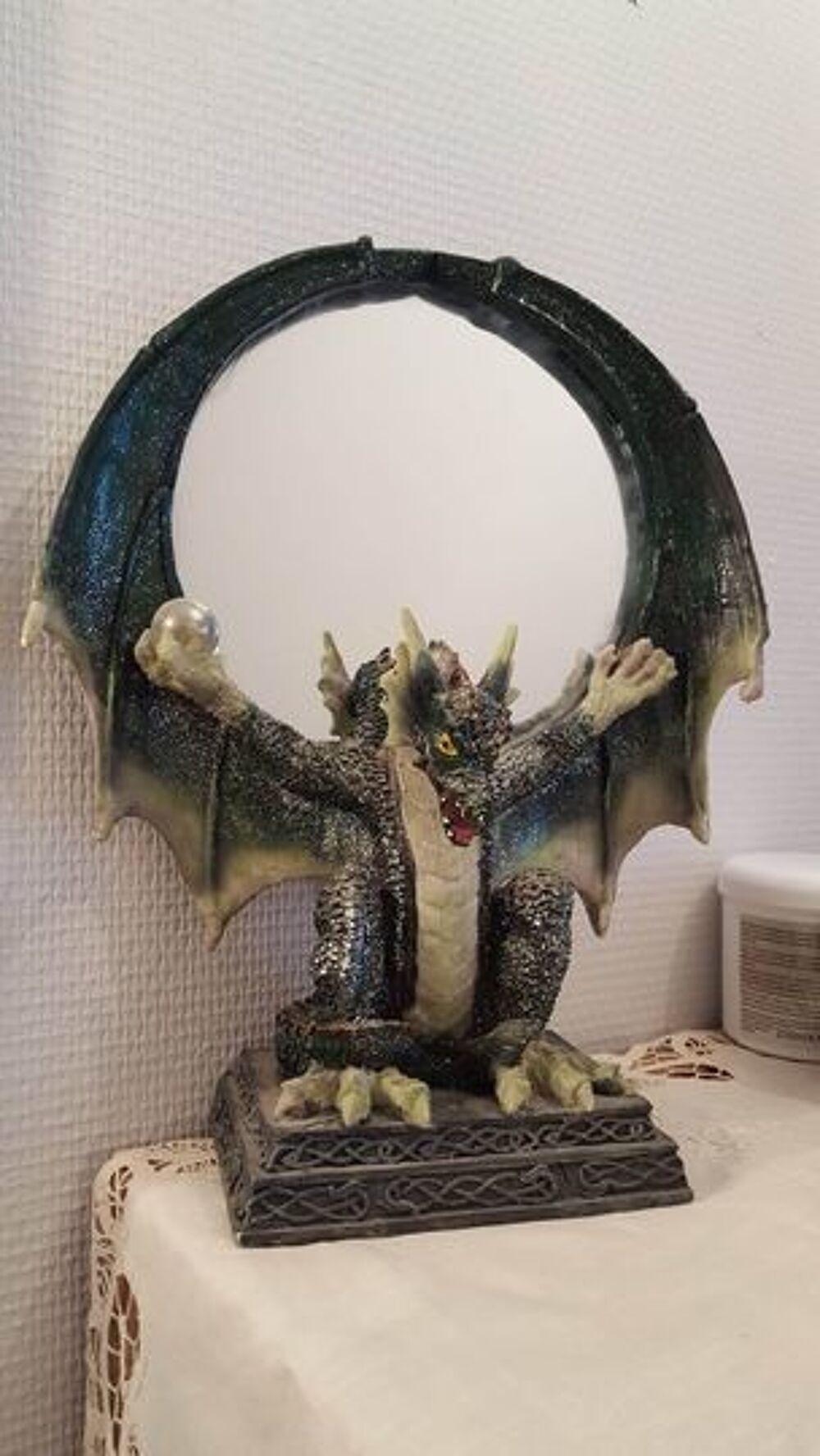  Miroir grand dragon vert sign&eacute; peint main N&deg;1162 