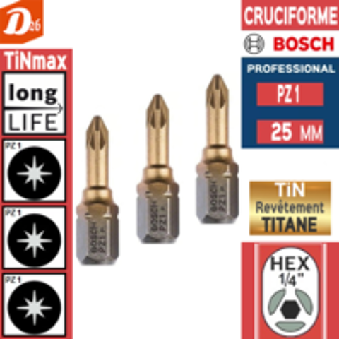   3 embouts de vissage BOSCH PZ 1 au NITRURE de TITANE 