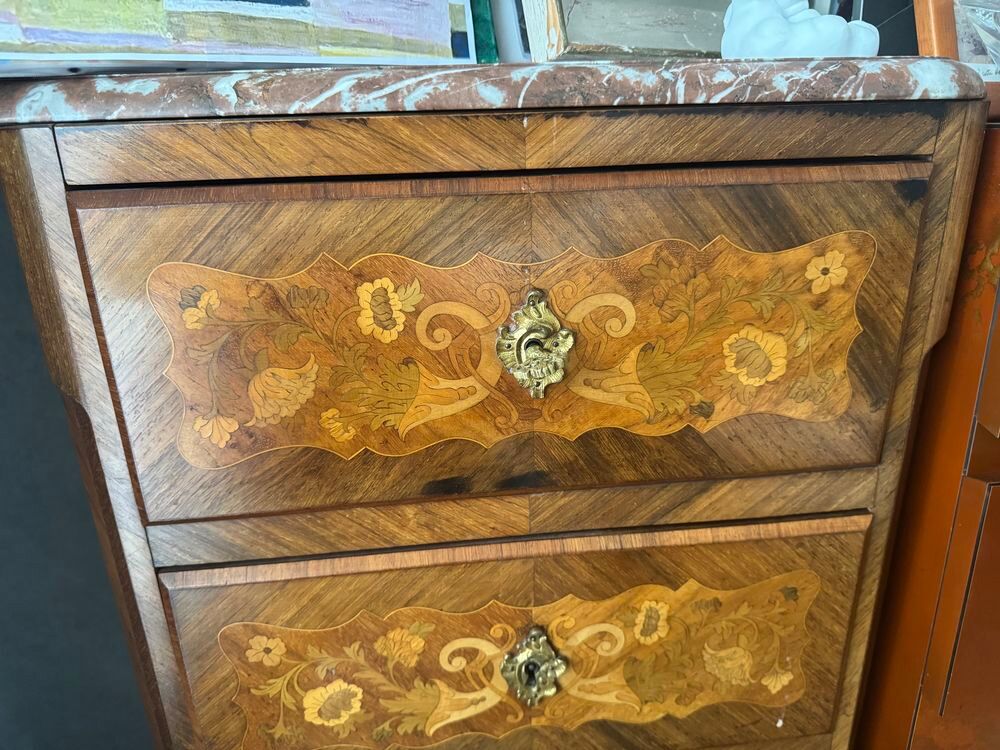 Magnifique Commode Ancienne en Marqueterie et Marbre Meubles