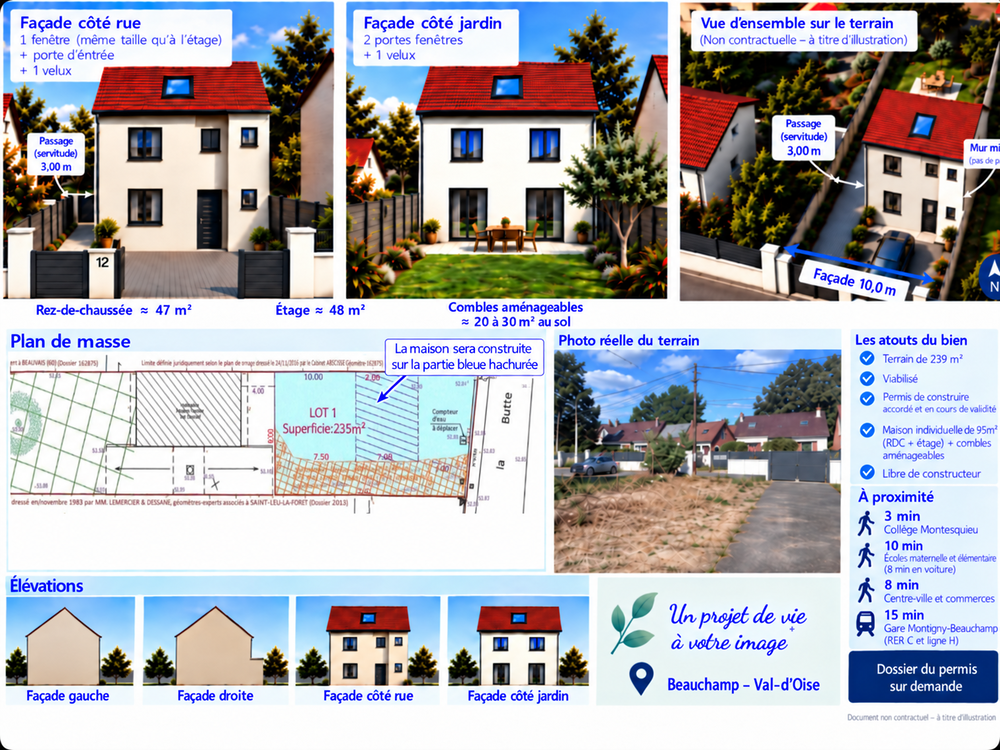 Vente Terrain Terrain viabilisé 239 m² ? Permis accordé maison 95 m² Beauchamp