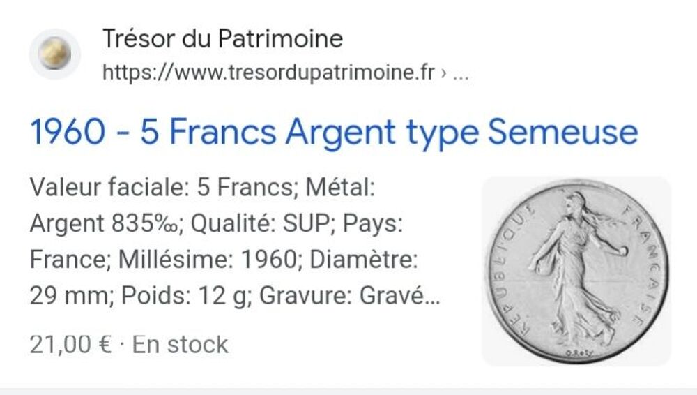 Pi&egrave;ce de 5 francs en argent 