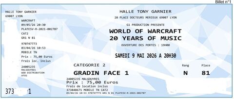 2 billets concert Wolrd Of Warcraft � Lyon le 09 mai 140 Saint-Nizier-du-Moucherotte (38)
