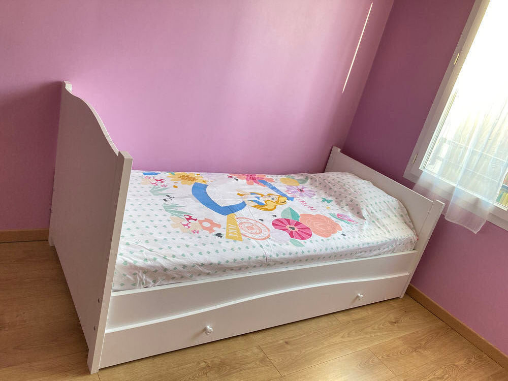 Lit 90x 190cm Bois Blanc avec rangement sous lit Meubles