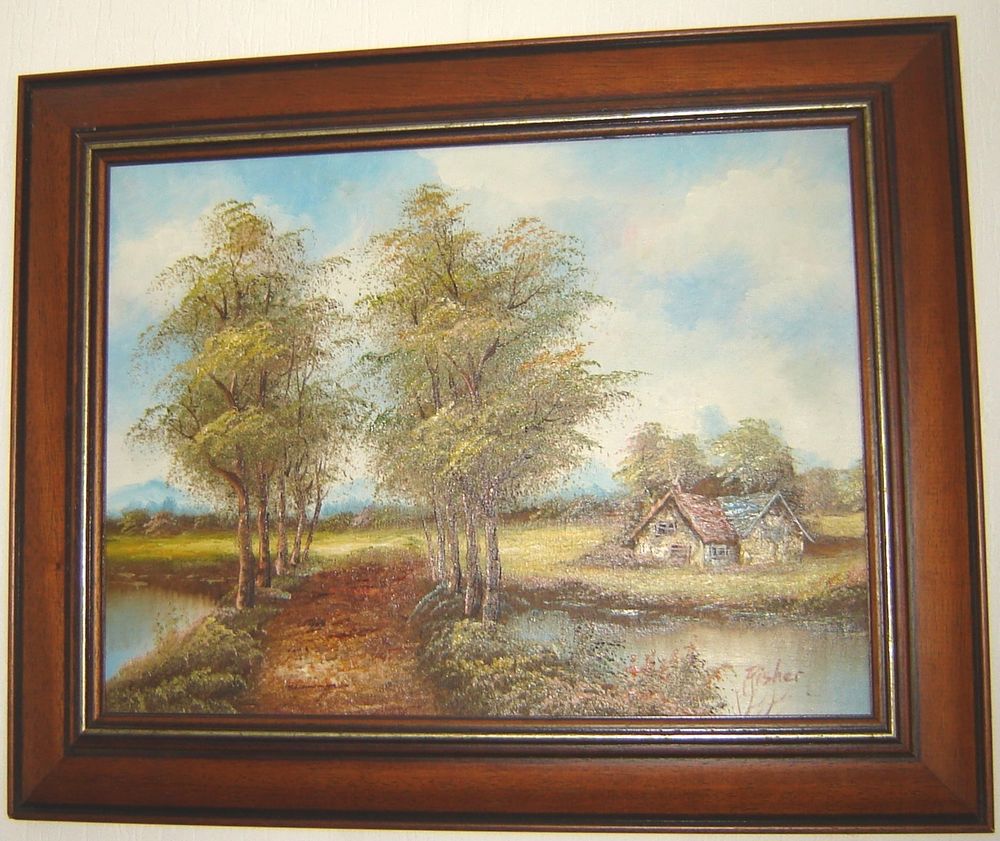 Tableau ancien paysage a l'huile sign&eacute; fisher Décoration