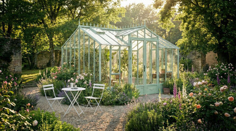 Serre classique avec chien assis visible sur notre showroom. 15000 Balbigny (42)