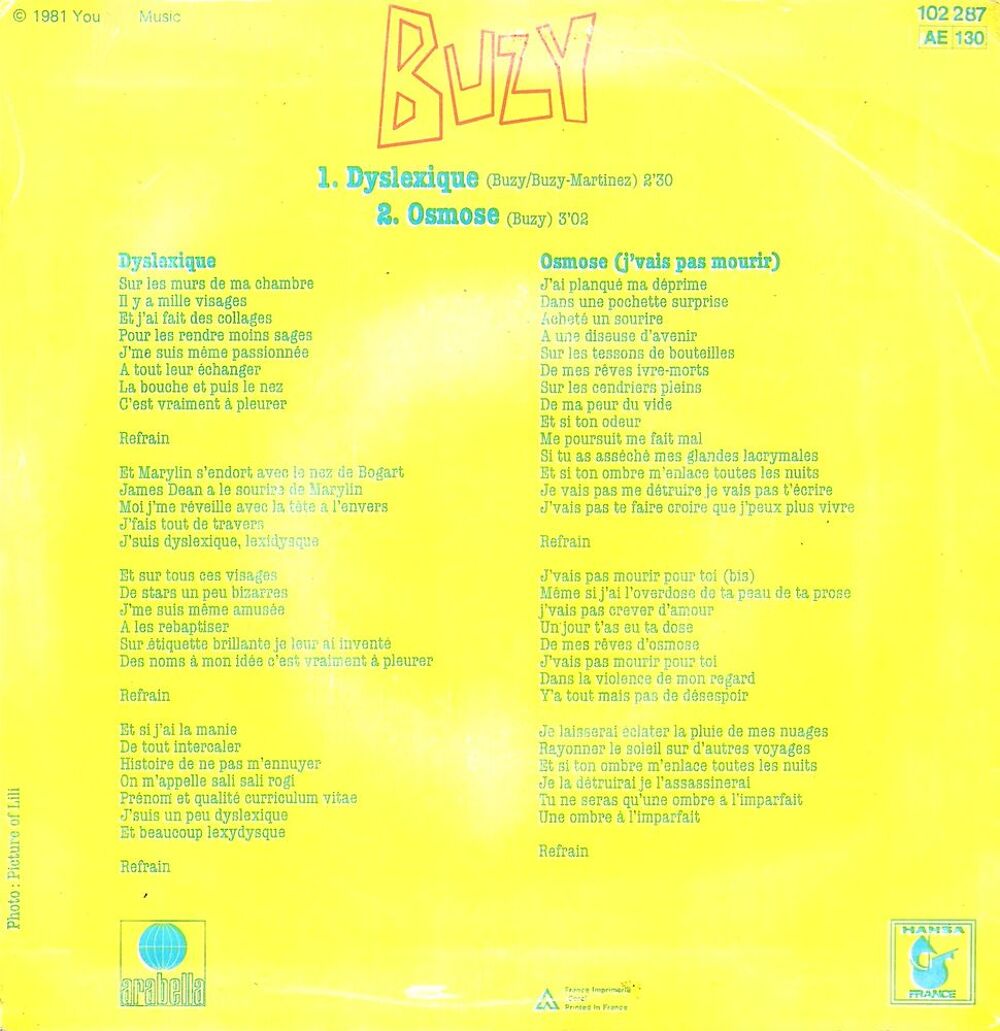Buzy : Dyslexique / Osmose [Vinyle 45 tours 7"] 1981 CD et vinyles