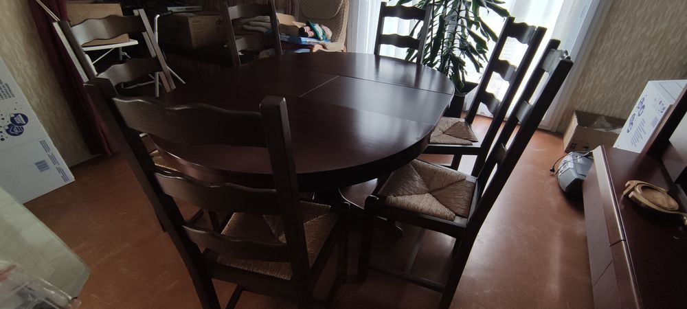AV table de salle &agrave; manger + 6 chaises bois et paille Meubles