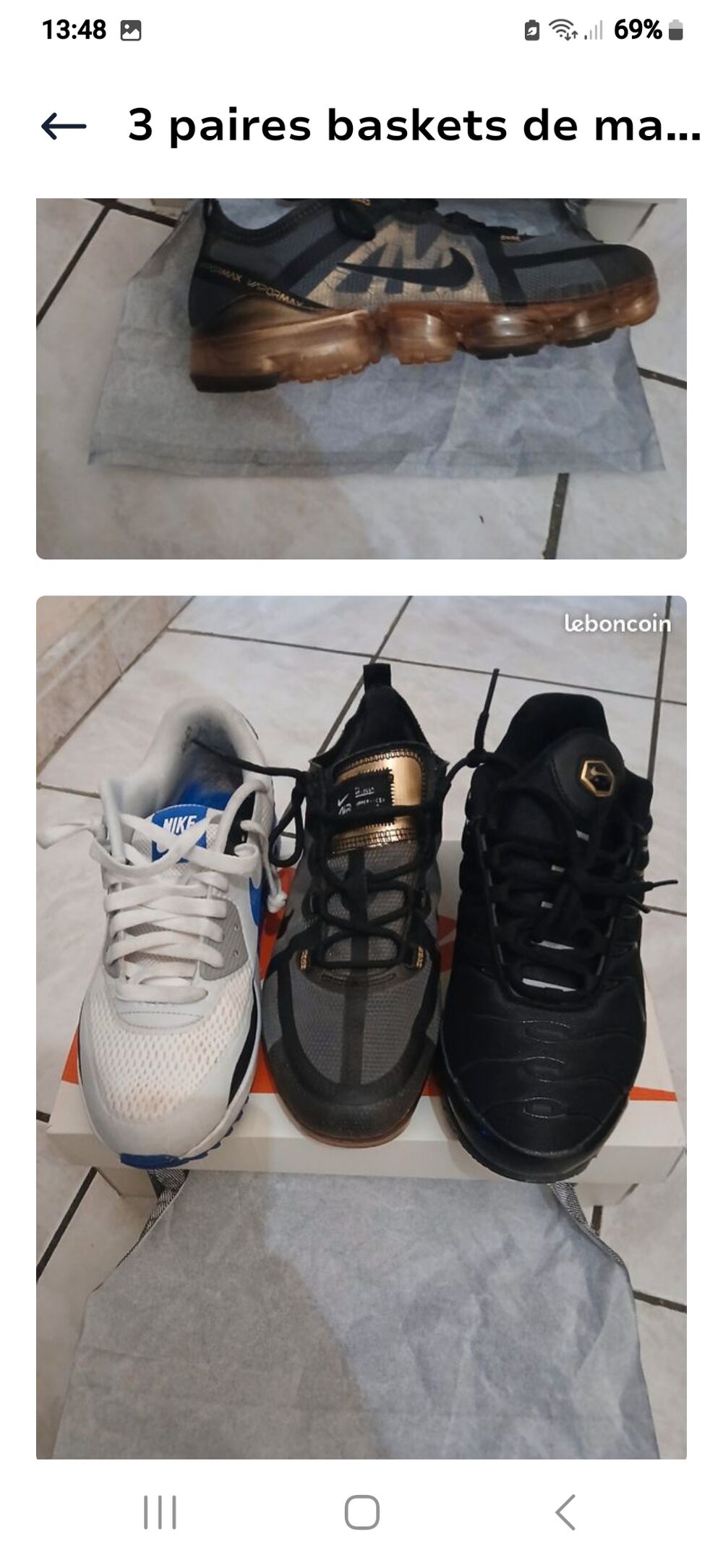 3 paires baskets de marque.
Tr&egrave;s peu ou pas utilis&eacute;es Chaussures