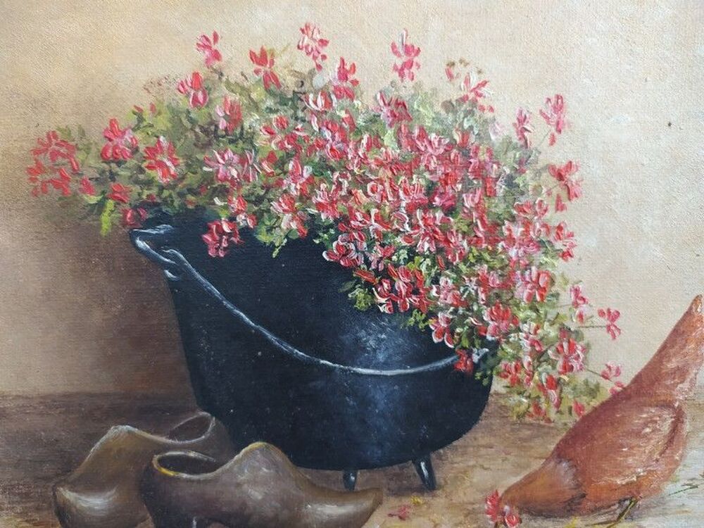 Tableau Poule et G&eacute;ranium D&eacute;co Campagne Style Ferme Décoration