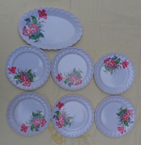 6 assiettes+1 plat ovale à fleurs en plastique vintage neufs 15 Castries (34)