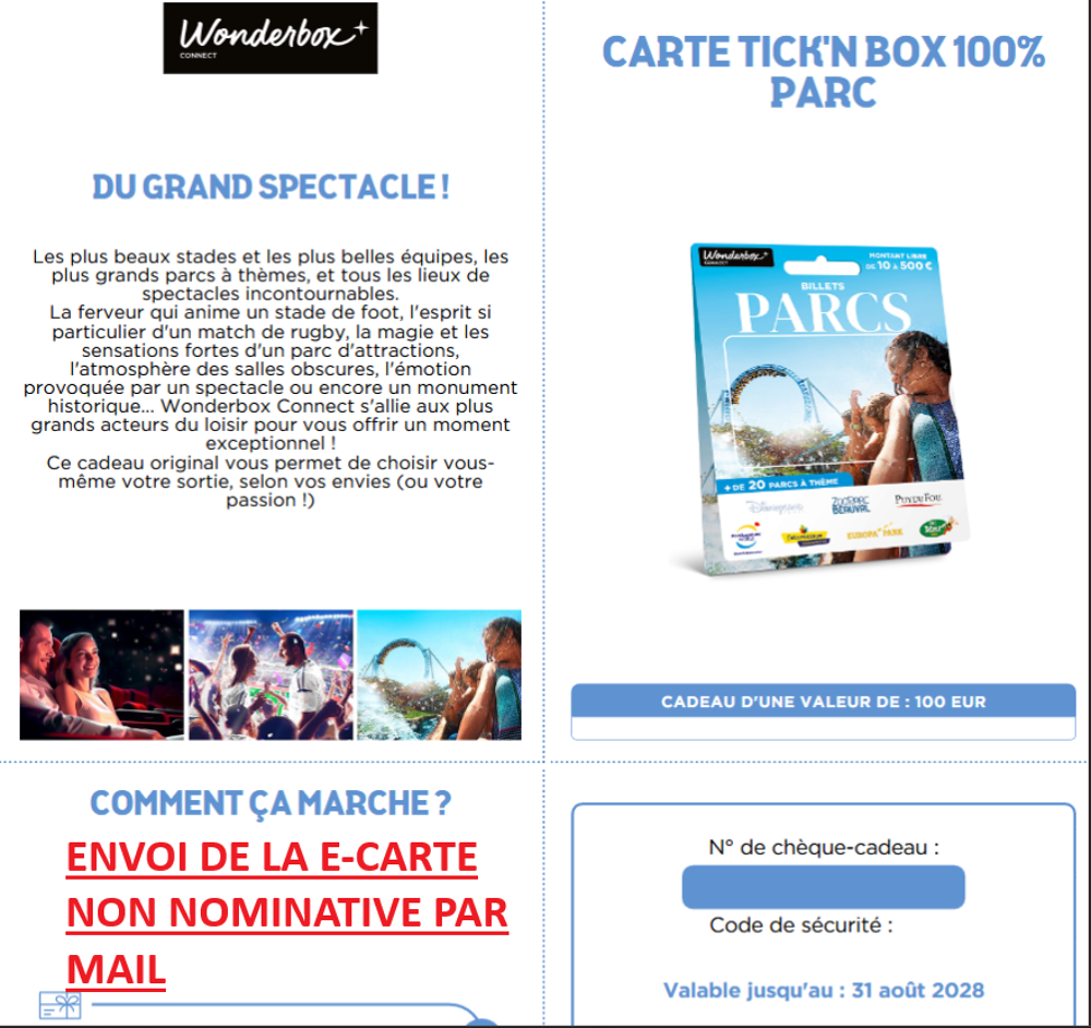 1 e-carte cadeau Wonderbox de 100 EUROS " 100 % Parcs " Billetterie