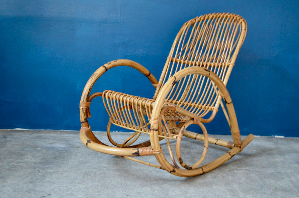 Fauteuil &agrave; bascule rocking chair vintage en rotin boh&egrave;me Meubles