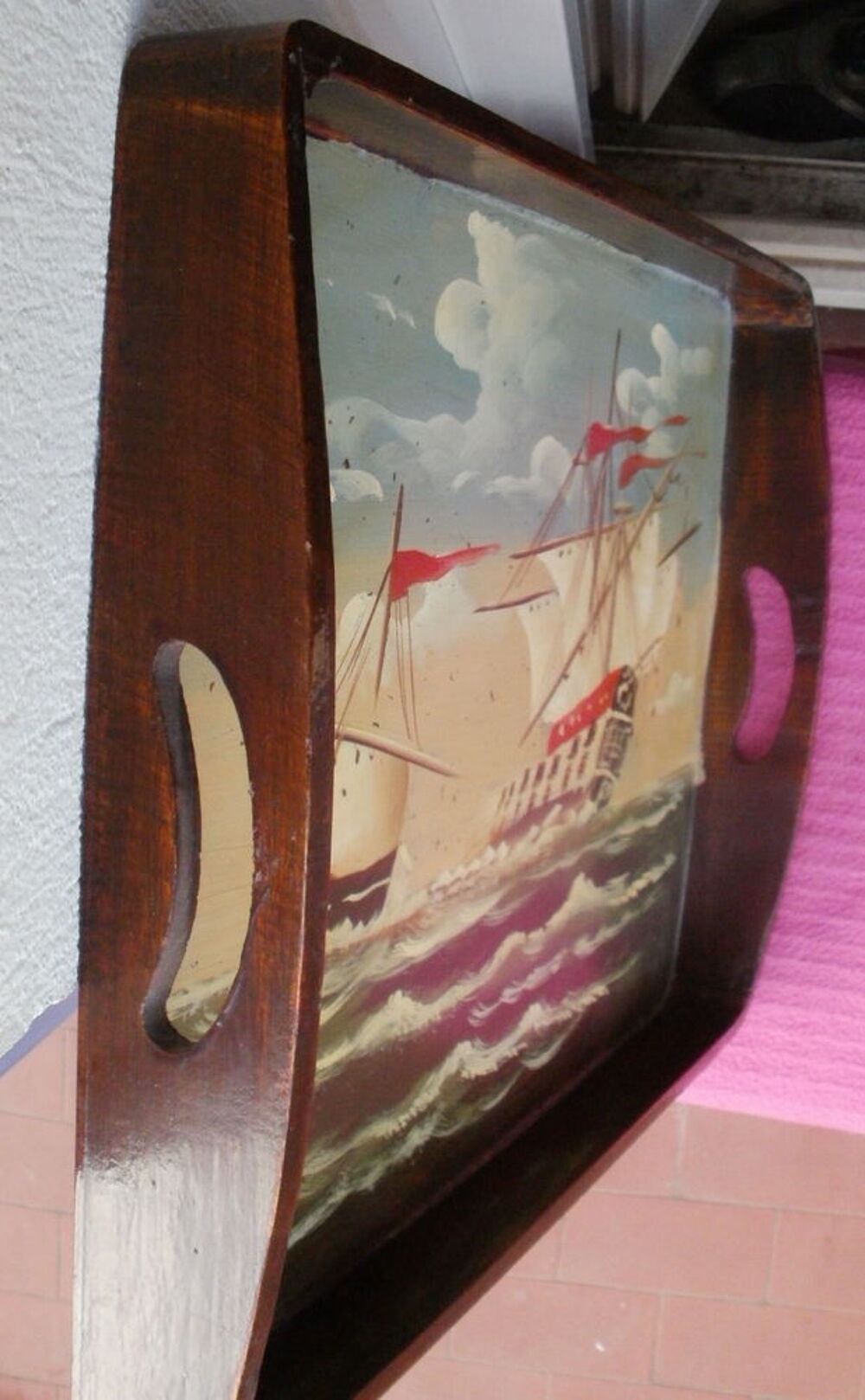 PLATEAU de service en bois, peinture voiliers, goelettes Décoration