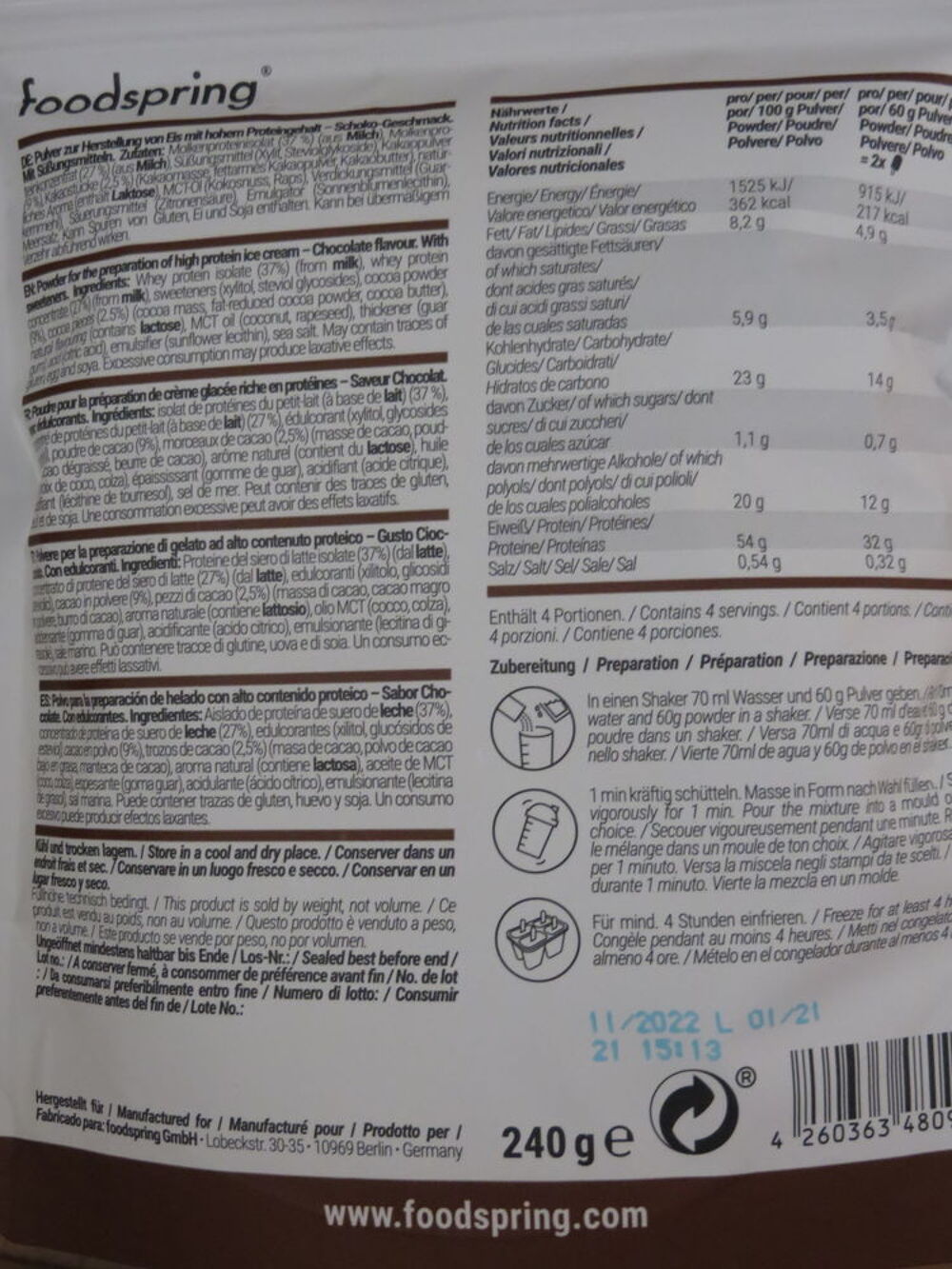 Foodspring poudre de glace prot&eacute;in&eacute;e saveur chocolat Cuisine