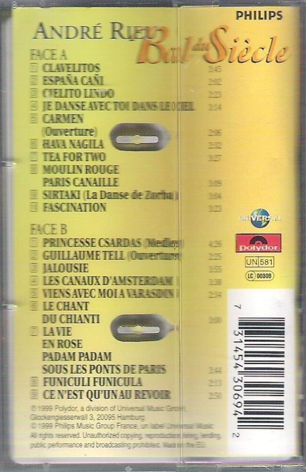 Cassette K7 audio Andr&eacute; Rieu 'Bal du Si&egrave;cle' CD et vinyles