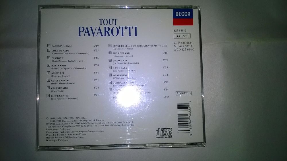 CD Luciano Pavarotti
Tout pavarotti
1989
Excellent etat
CD et vinyles