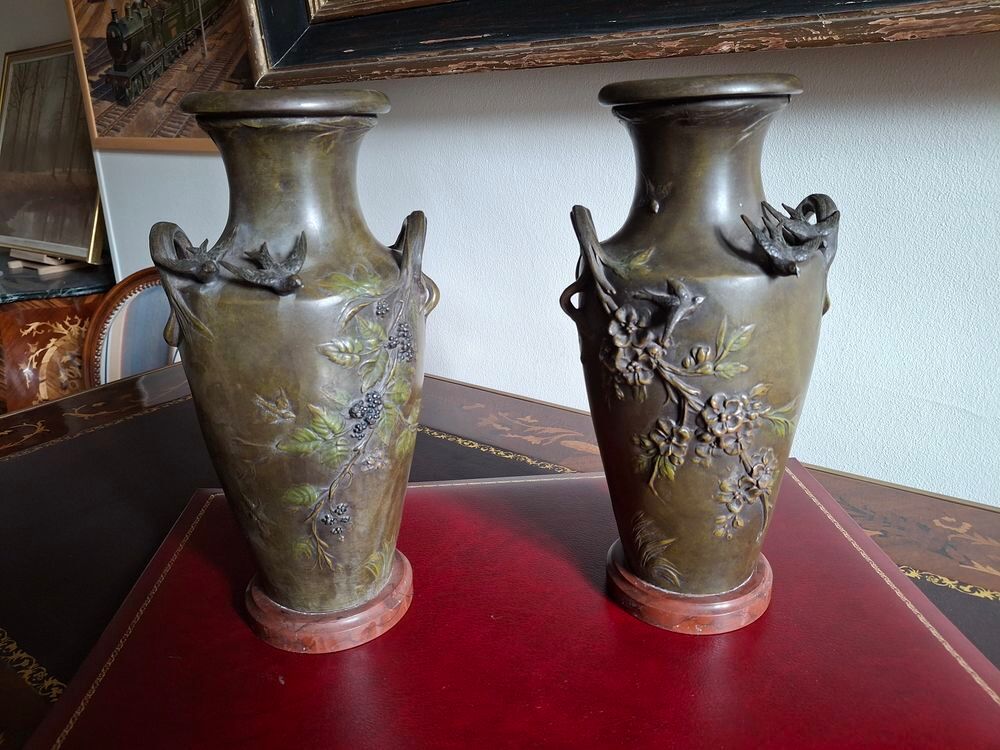 Paire vases art nouveau r&eacute;gule triple patine sign&eacute;s Moreau Décoration