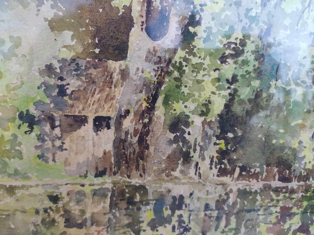 Tableau Aquarelle Paysage Bord de S&egrave;vres Sign&eacute; 