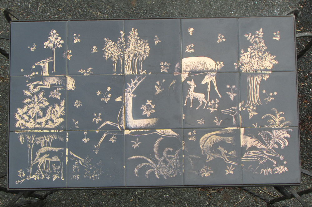 
Table basse vinc&eacute;ramique et fer forg&eacute; sign&eacute;e B.Dumas, 1950s Meubles