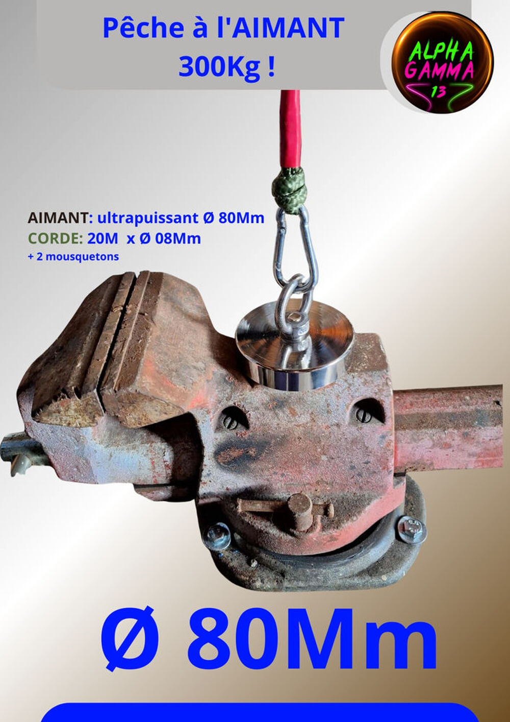 P&ecirc;che &agrave; l'aimant 300Kg ultra-puissant &Oslash;80 + corde et 2 mousq Bricolage