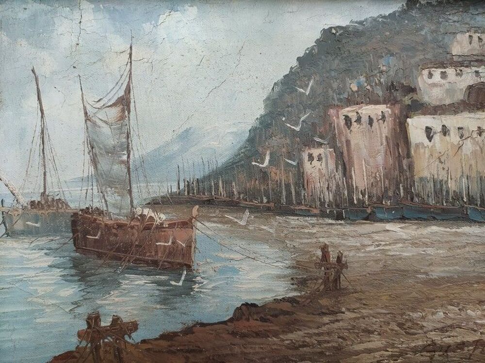 Tableau Marine Paysage Marin Bateaux Voiliers Sign&eacute;e Gustin 
