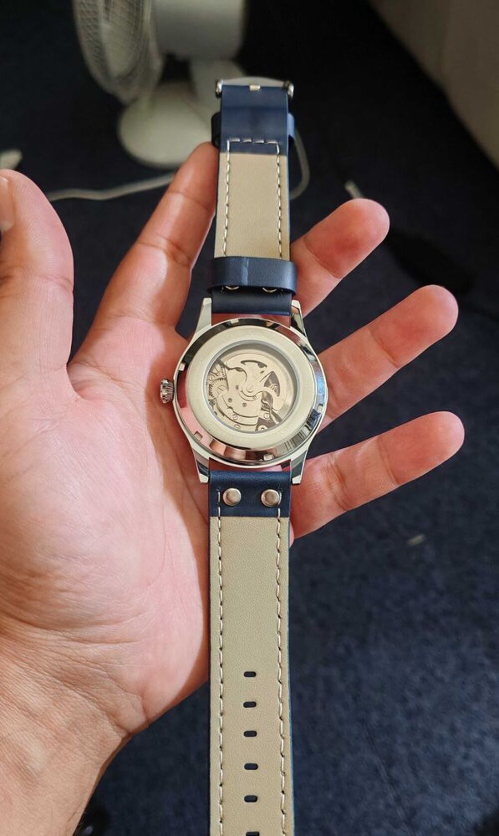 Montre automatique squelette Longlux €" Cadran bleu / Bo&icirc;tier acier &amp; Bracelet aviateur Bijoux et montres