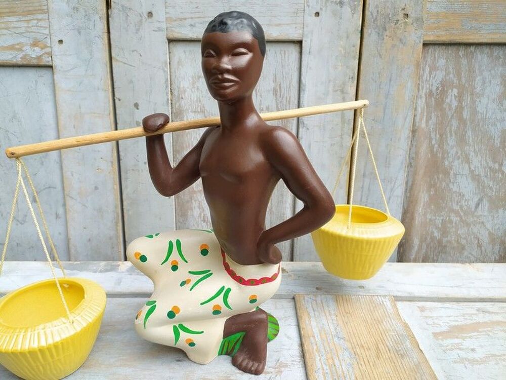 Statuette Africaine Porte Plante C&eacute;ramique Vintage ca1950 Décoration