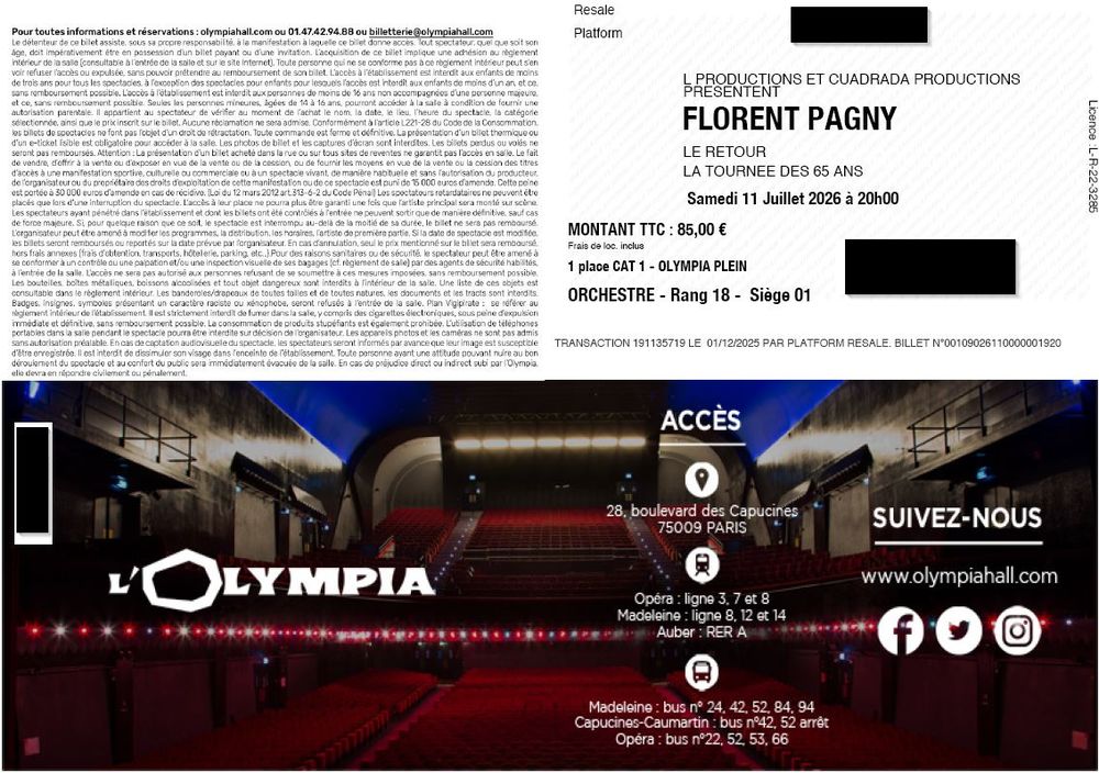 Billets concert Florent PAGNY &agrave; l'Olympia Billetterie