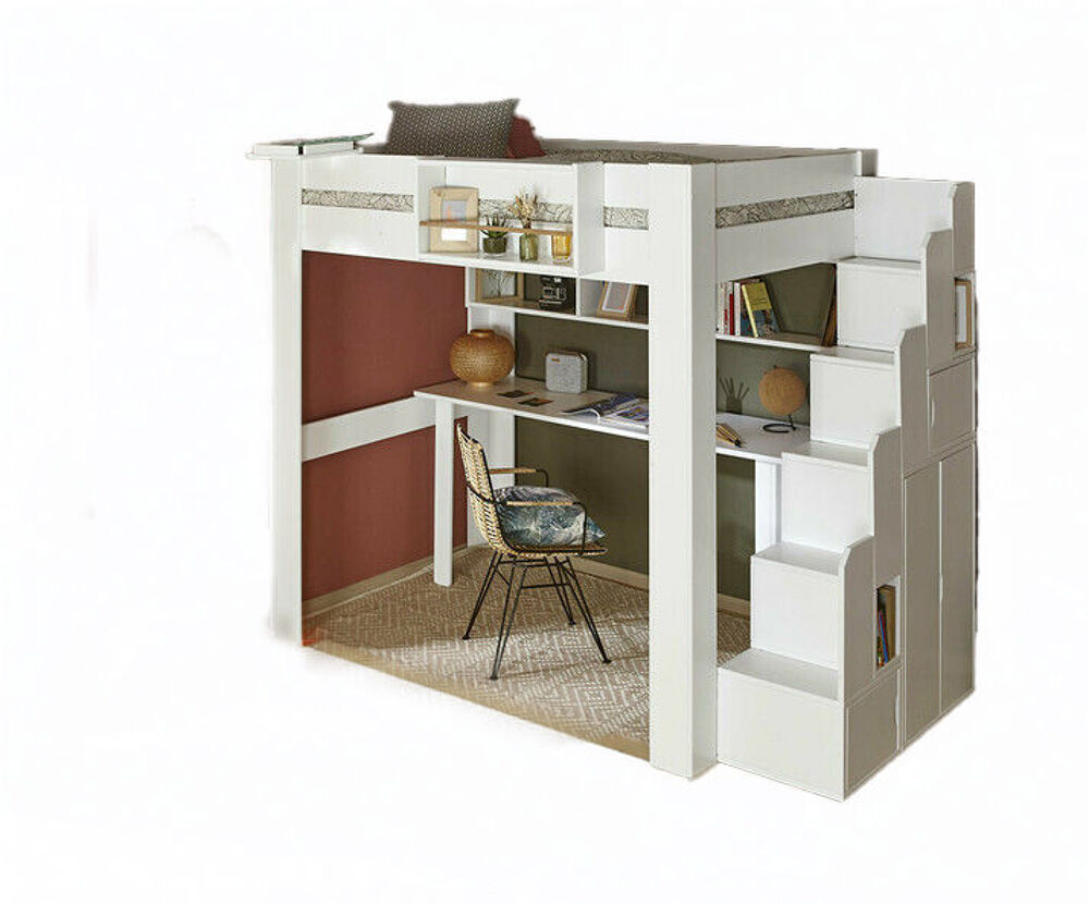 Chambre mezzanine bois massif 120x190 escalier &amp; rangement Meubles