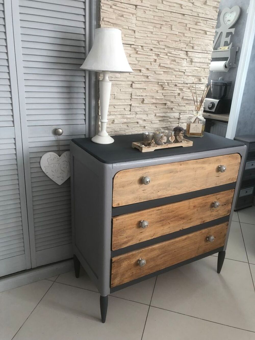 COMMODE GRIS 2 TONS ET BOIS Meubles