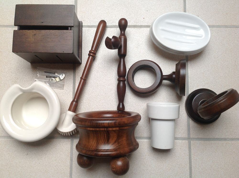 ENSEMBLE ACCESSOIRES SALLE DE BAIN BOIS et FAIENCE Envoi Pos Décoration